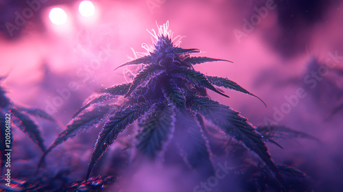 Cannabis plant in pink lighting, close-up view photo