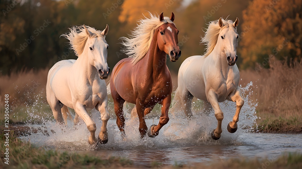 Obraz premium Majestic Horses Galloping Through a Splashing Waterhole in Autumn Scenery