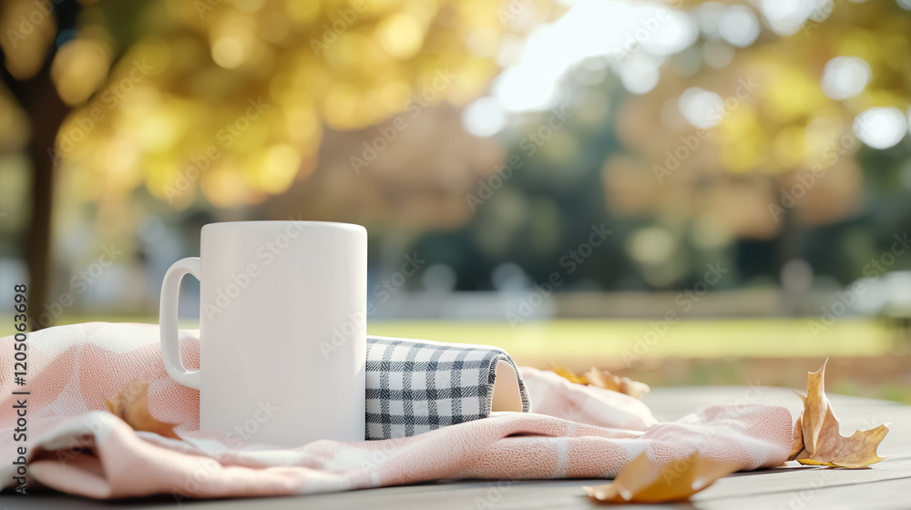 a white coffee mug placed on a cozy blanket with an open book. The setting is in a park with the warm hues of autumn, creating a tranquil ambiance. a white coffee mug placed on a cozy blanket with an open book. The setting is in a park with the warm hues of autumn, creating a tranquil ambiance.