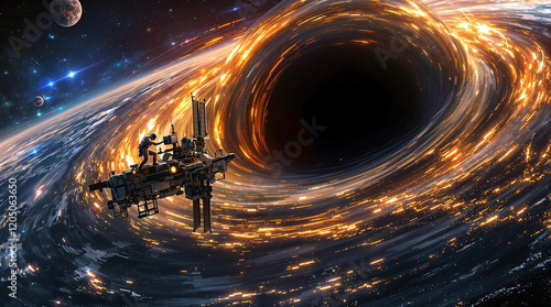 Fototapeta Naklejka Na Ścianę i Meble -  a space station orbiting a blackhole with scientist conducting groundbreaking research