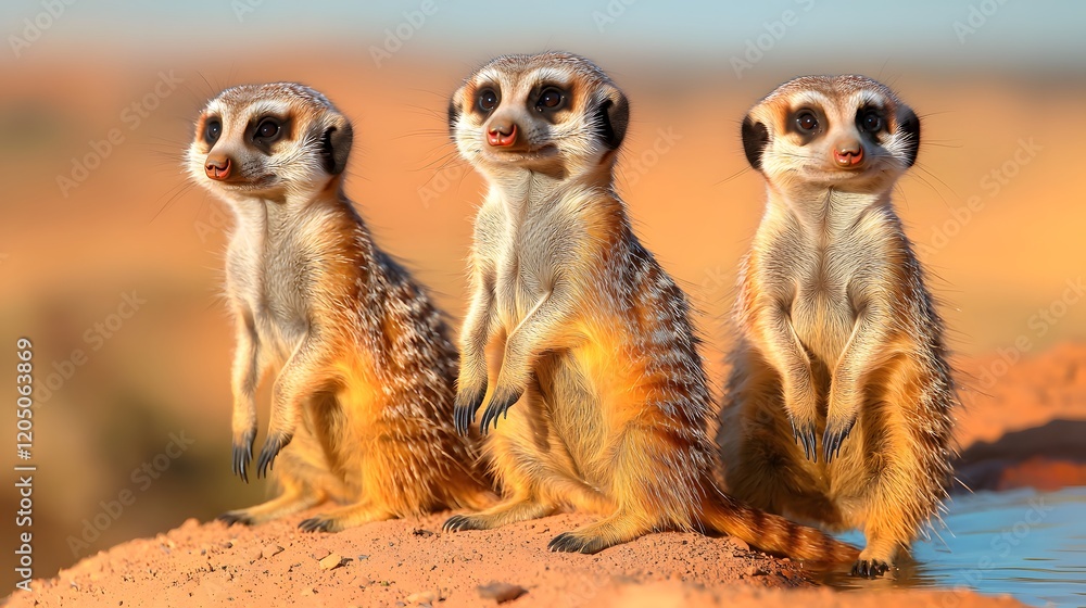 Fototapeta premium Trio of Meerkats Standing Guard Near Desert Waterhole