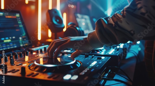 DJ blending tracks seamlessly on a digital turntable setup  ,close-up photo