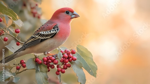 Vibrant Zebra Finch Perched on Vine with Berries in Lush Foliage