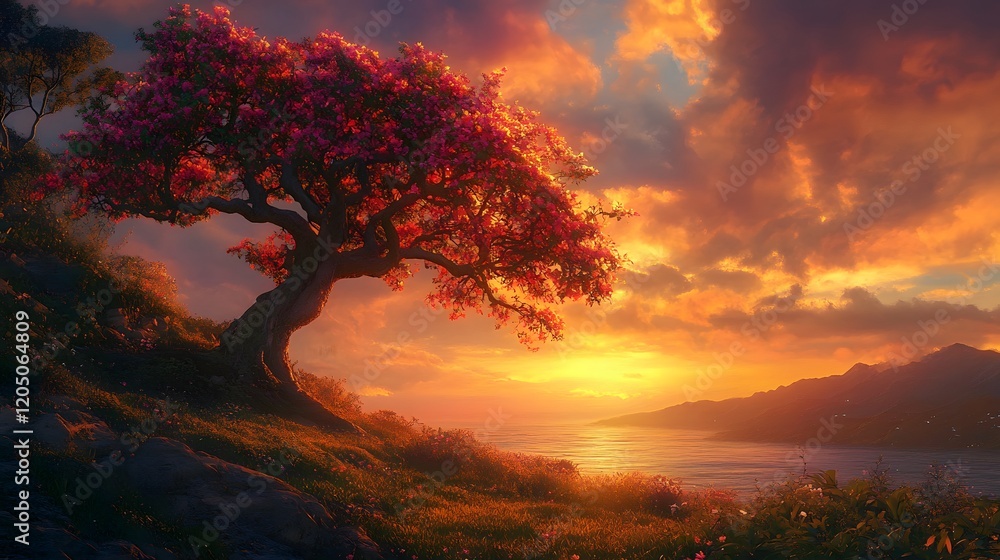 Obraz premium Majestic flowering tree silhouetted against a vibrant sunset landscape