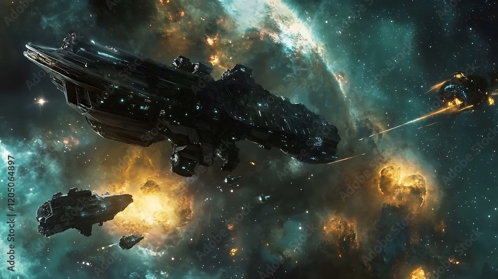 Fototapeta premium Futuristic Spaceships Navigating Through a Starfield