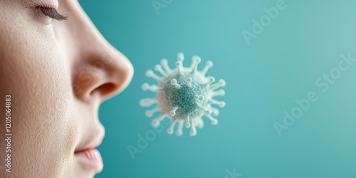 Close-Up of Woman's Face with Floating Bacteria Triggering Allergic Reactions in Background