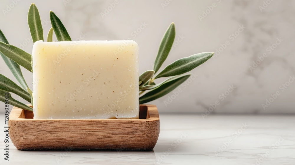 Natural skincare routine and botanical, A rustic soap bar sits elegantly on a wooden dish, adorned with fresh olive leaves, against a light marble backdrop. Natural skincare routine and botanical, A rustic soap bar sits elegantly on a wooden dish, adorned with fresh olive leaves, against a light marble backdrop.