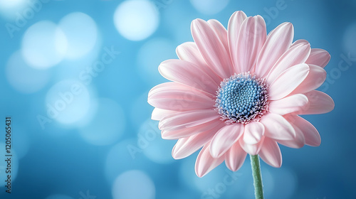 a delicate pink daisy with a blue center blooms against a soft blue bokeh background. The flower's petals are soft and delicate, creating a feeling of peace and tranquility.