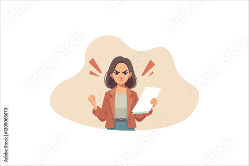 Illustration angry young woman holding document papers. Vector illustration.