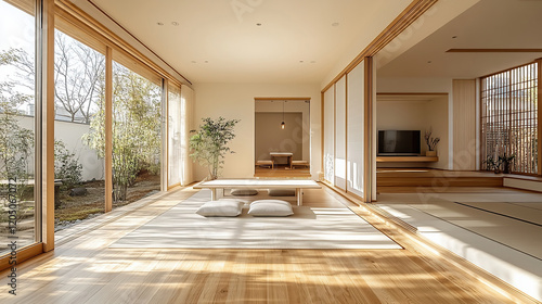 和モダンなリビングルームと庭が織りなす開放的な空間