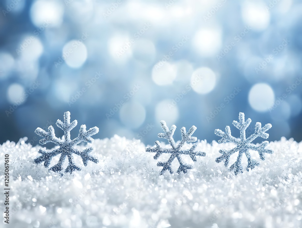 Three Silver Snowflakes Resting on Sparkling Snow Three Silver Snowflakes Resting on Sparkling Snow
