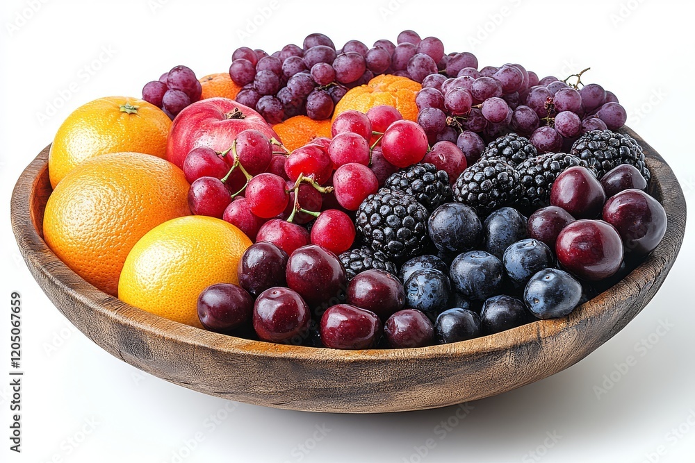 Wooden bowl with a variety of fresh fruits including apples, bananas, grapes, oranges, cherries, prunes, and black plums on a white background. Wooden bowl with a variety of fresh fruits including apples, bananas, grapes, oranges, cherries, prunes, and black plums on a white background.