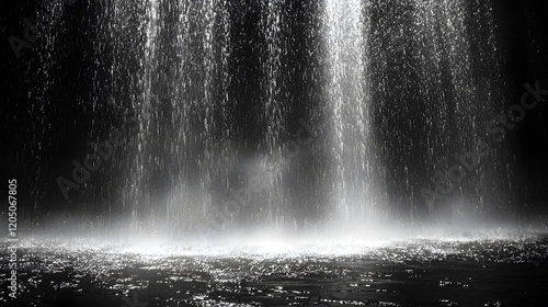 powerful waterfall cascading down into a dark pool, creating a dramatic and moody atmosphere. The monochrome palette enhances the intensity of the water's movement