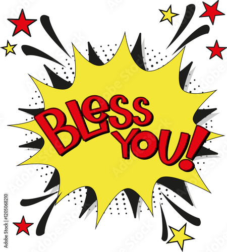 Comic lettering bless you. Vector bright cartoon illustration in retro pop art style. Comic text sound effects. EPS 10.	