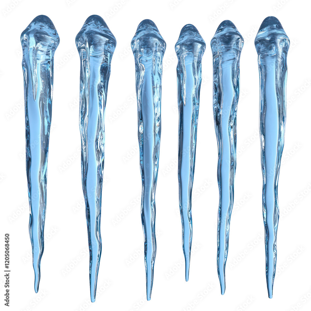 Fototapeta premium A row of six clear, elongated icicles hanging downwards.