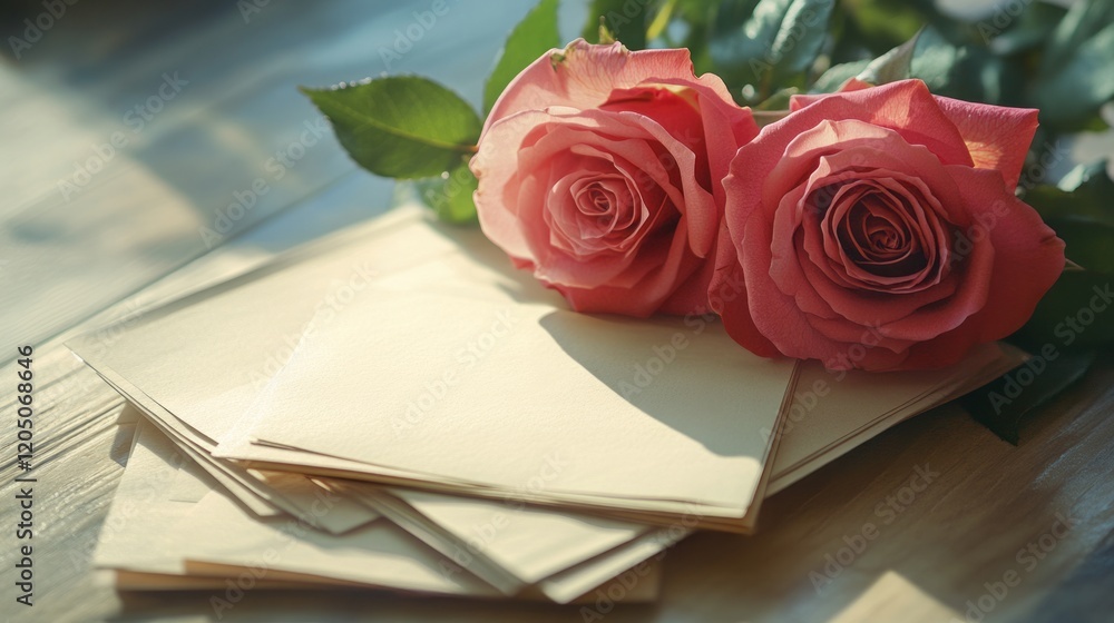 Elegant Pink Roses with Blank Envelopes on Wooden Surface Elegant Pink Roses with Blank Envelopes on Wooden Surface
