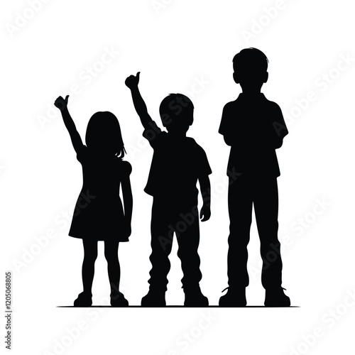 A silhouette of three children standing side by side