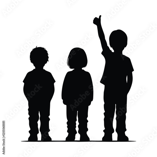 A silhouette of three children standing side by side