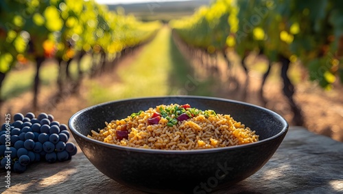 Bibimbap A Famous Dish from South Korea Served at an Outdoor Table in a Colorful Countryside Vineyard Surrounded by Grape Vine photo