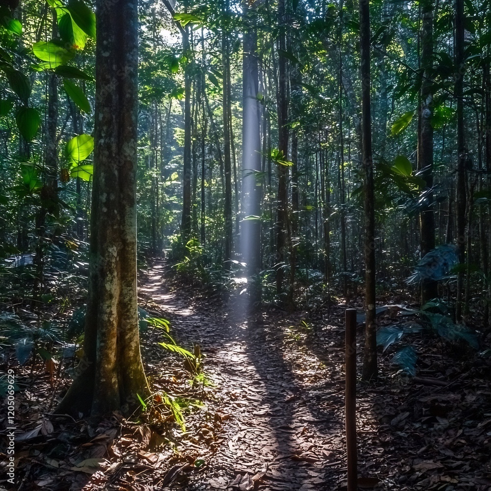 Enchanting Forested Trail Bathed in Dappled Sunlight Inviting and Adventure Enchanting Forested Trail Bathed in Dappled Sunlight Inviting and Adventure