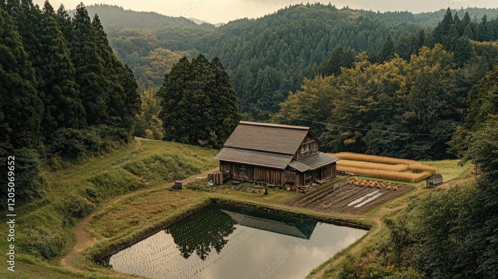 Serene Mountain Farm House With Rice Paddy Reflection Serene Mountain Farm House With Rice Paddy Reflection