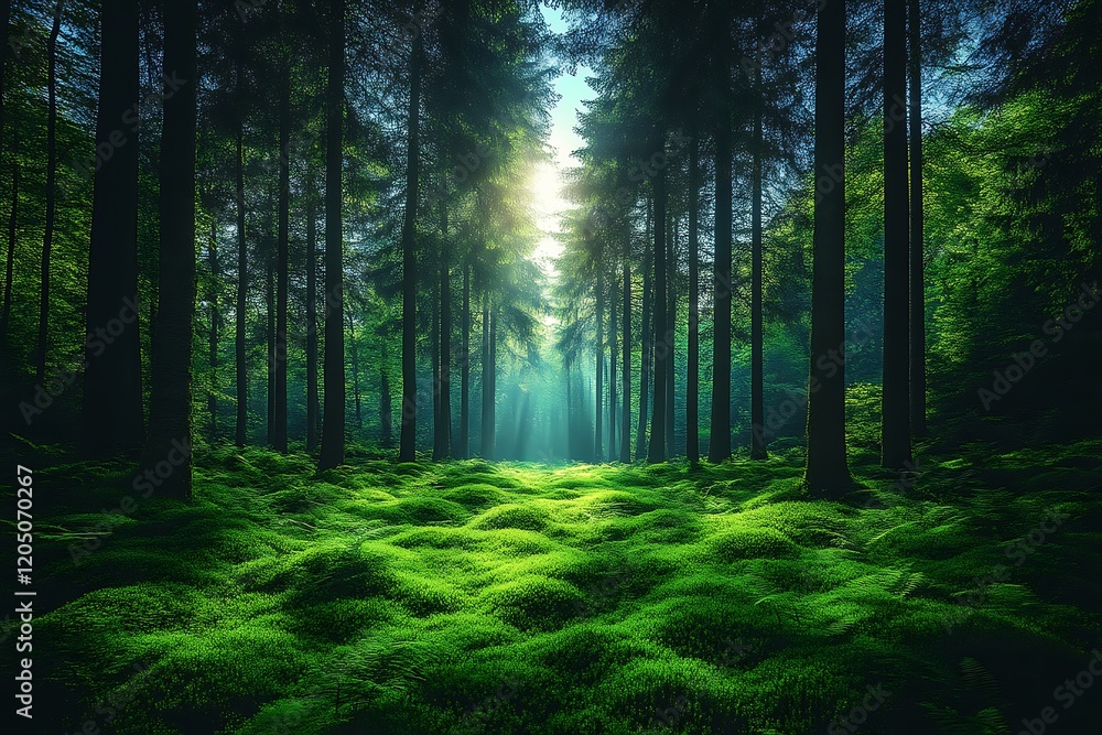 Fototapeta premium Sunlit mossy forest path, tranquil nature scene, poster