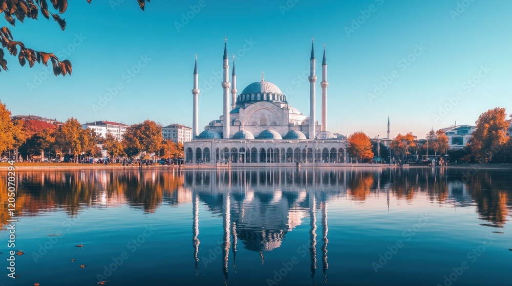 Naklejka premium Stunning Mosque Reflection In Calm Autumn Water