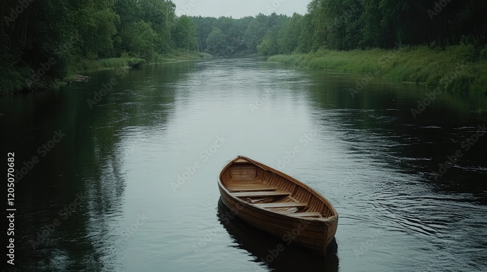 Wooden Rowboat on Calm River Surrounded by Lush Forest Wooden Rowboat on Calm River Surrounded by Lush Forest