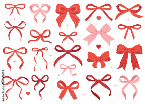 Red satin ribbons. Red ribbon with bows. Trendy hand drawn design for textiles, home decor, packaging. Vector bow and ribbon for Christmas gifts, Valentine's Day, birthday.Trendy cute girl accessories