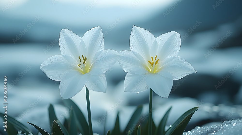Obraz premium Two delicate white flowers emerge from the snow, their petals pristine and pure against the cold backdrop. The soft focus creates a serene atmosphere.