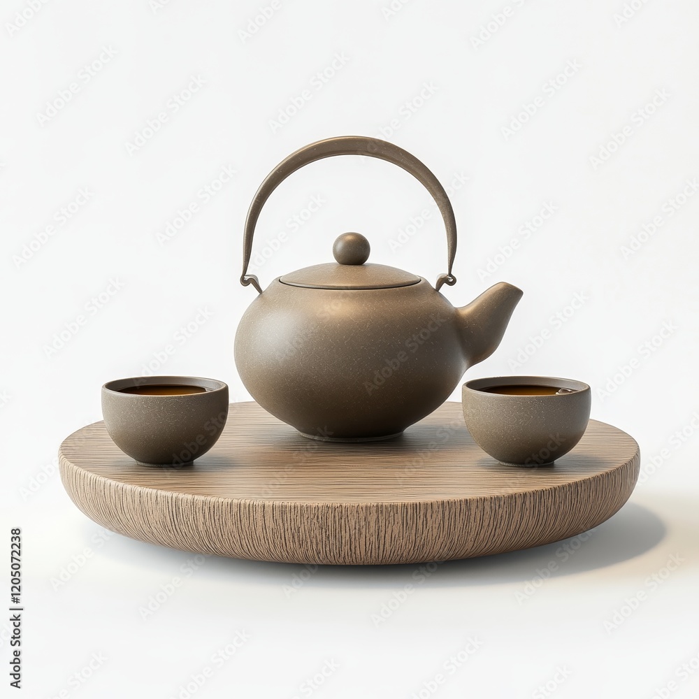 Teapot and cups of tea on wooden stand. 3d illustration. Teapot and cups of tea on wooden stand. 3d illustration.
