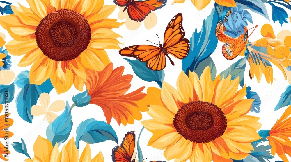 Sunflower Butterfly Harmony, a vibrant seamless pattern showcasing intricate sunflowers and delicate butterflies, perfect for textiles or decor. Sunflower Butterfly Harmony, a vibrant seamless pattern showcasing intricate sunflowers and delicate butterflies, perfect for textiles or decor.