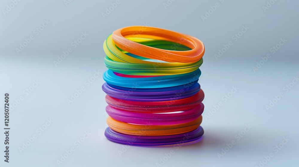 A set of stacking rings in rainbow colors with a sturdy base, displayed neatly on a white surface. A set of stacking rings in rainbow colors with a sturdy base, displayed neatly on a white surface.