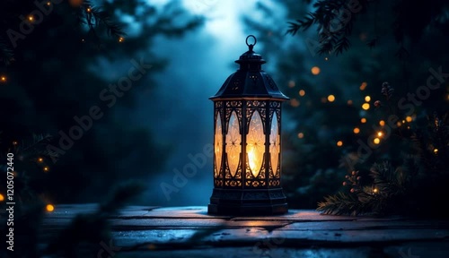 Glowing Lantern Night Scene Magical Winter Forest Ambiance