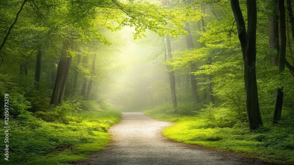 Fototapeta premium Serene Forest Path Bathed in Sunlight and Mist