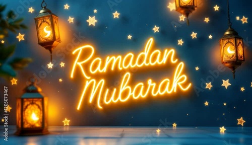 Ramadan Mubarak Neon Sign with Lanterns Festive Background