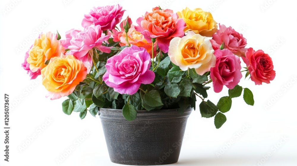 A flower pot with vibrant roses, isolated on white, A flower pot with vibrant roses, isolated on white,