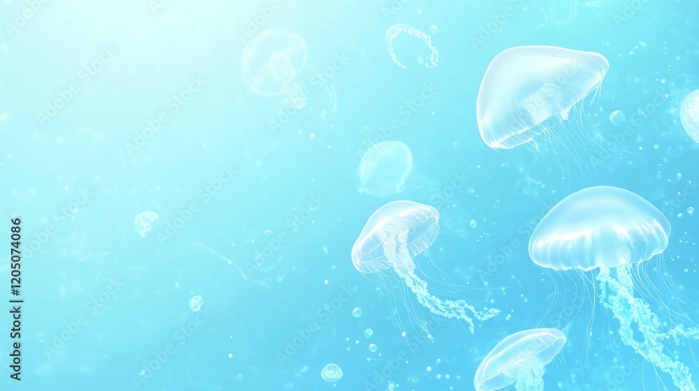Serene underwater scene with translucent jellyfish gently drifting in a light blue ocean. Peaceful and ethereal. Serene underwater scene with translucent jellyfish gently drifting in a light blue ocean. Peaceful and ethereal.