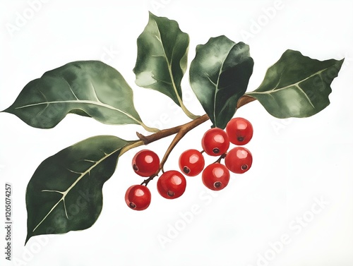 holly branch with red berries detailed botanical illustration white background