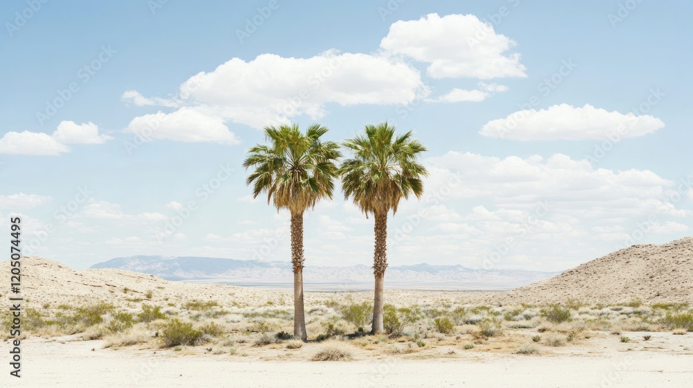 Twin Palm Trees Stand Tall In Desert Landscape Twin Palm Trees Stand Tall In Desert Landscape