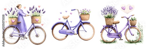 Valentine vehicles watercolor collection. Whimsical illustration of purple bicycles adorned with flowers and a woman in a lavender dress.