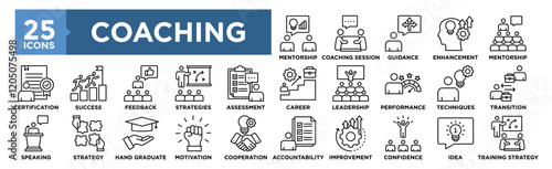 Coaching and Mentoring icon collection set. Containing design business, career, training, mentor, coach, strategy, success	