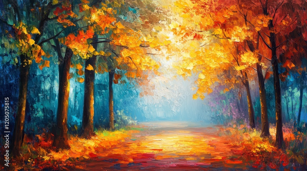 Colorful Autumn Landscape with Trees and Golden Leaves in Nature Colorful Autumn Landscape with Trees and Golden Leaves in Nature