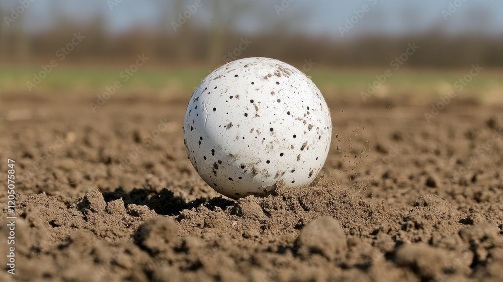 A speckled bird egg rests on the ground A speckled bird egg rests on the ground