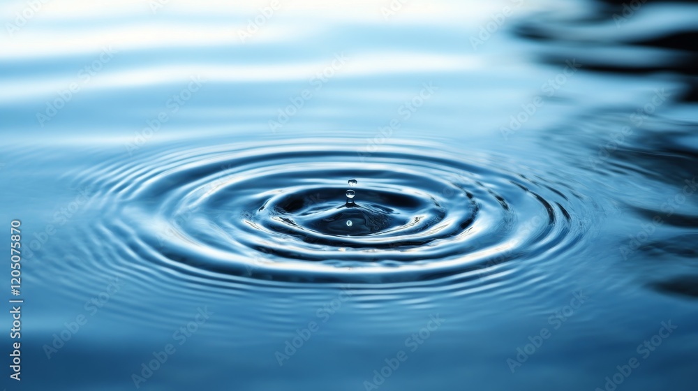 Water droplet creating concentric ripples in still blue water Water droplet creating concentric ripples in still blue water