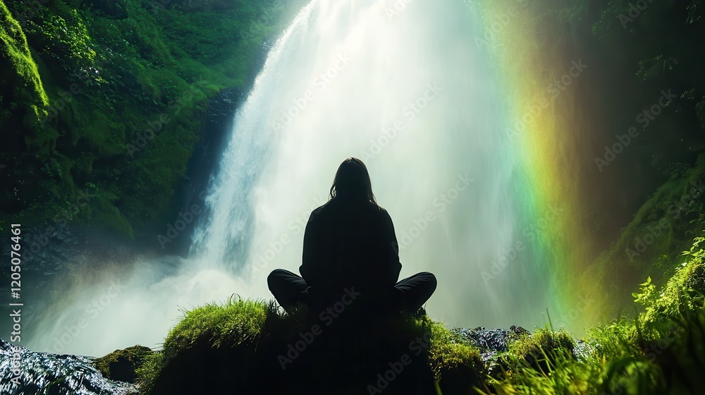 Silhouette Meditating at Rainbow Waterfall in Tropical Paradise Nature Scene Serene Environment Peaceful Viewpoint Silhouette Meditating at Rainbow Waterfall in Tropical Paradise Nature Scene Serene Environment Peaceful Viewpoint