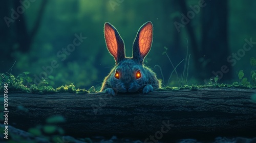 A mystical rabbit with glowing eyes peeks from behind a mossy log in a dark forest. photo