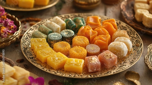 Assorted Colorful Delectable Sweets Arranged On Ornate Plate