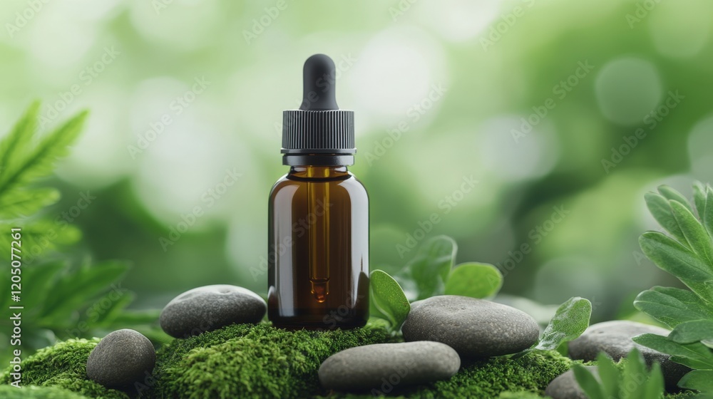 Natural skincare routine and botanical, A serene scene featuring a brown dropper bottle on moss and stones, surrounded by soft green foliage and diffused light. Natural skincare routine and botanical, A serene scene featuring a brown dropper bottle on moss and stones, surrounded by soft green foliage and diffused light.