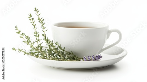 A herbal tea cup with a fresh herbal sprig on the saucer, isolated on white, photo